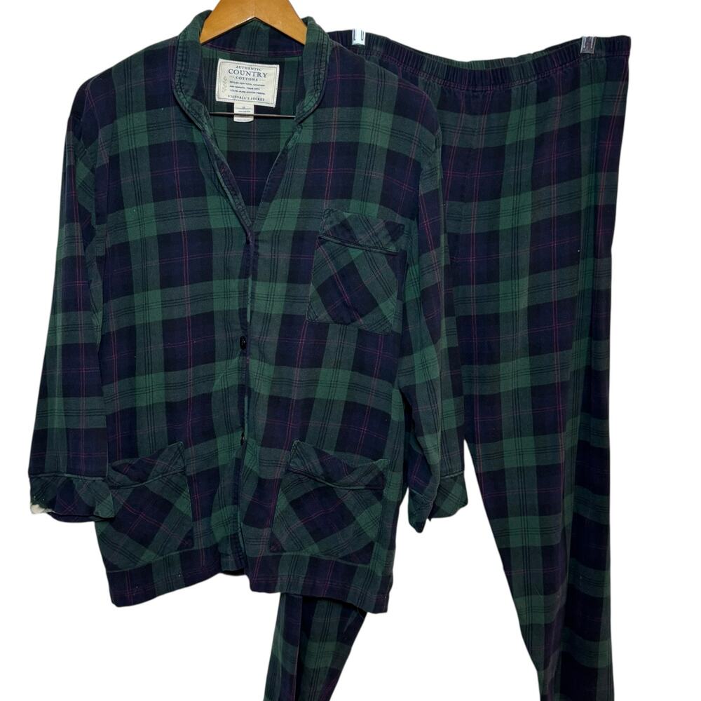 Victoria's Secret Authentic Country Cottons Green Plaid Flannel Pajama Set